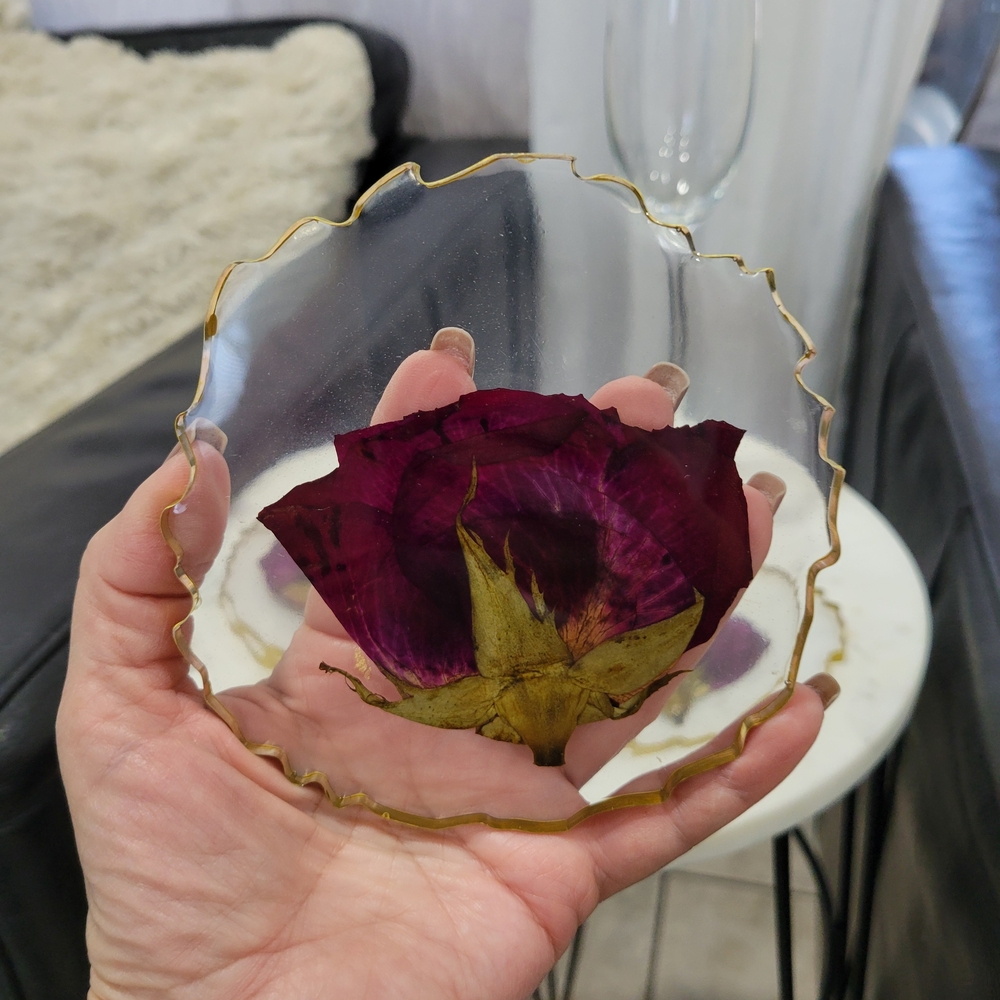 Glass Coaster with Red Rose and Gold Trim